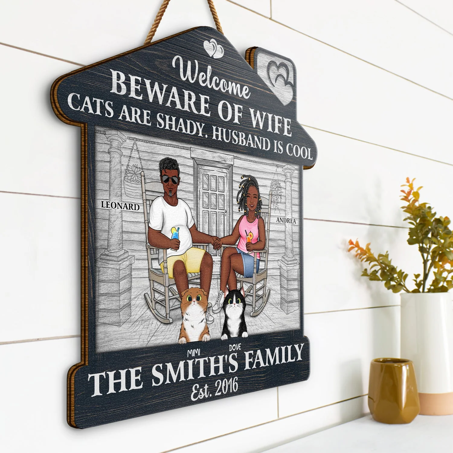 Family Couple Welcome Beware Of Wife Dogs Cats Are Shady Husband Is Cool - Gift For Pet Lovers - Personalized Custom Shaped Wood Sign - Image 2