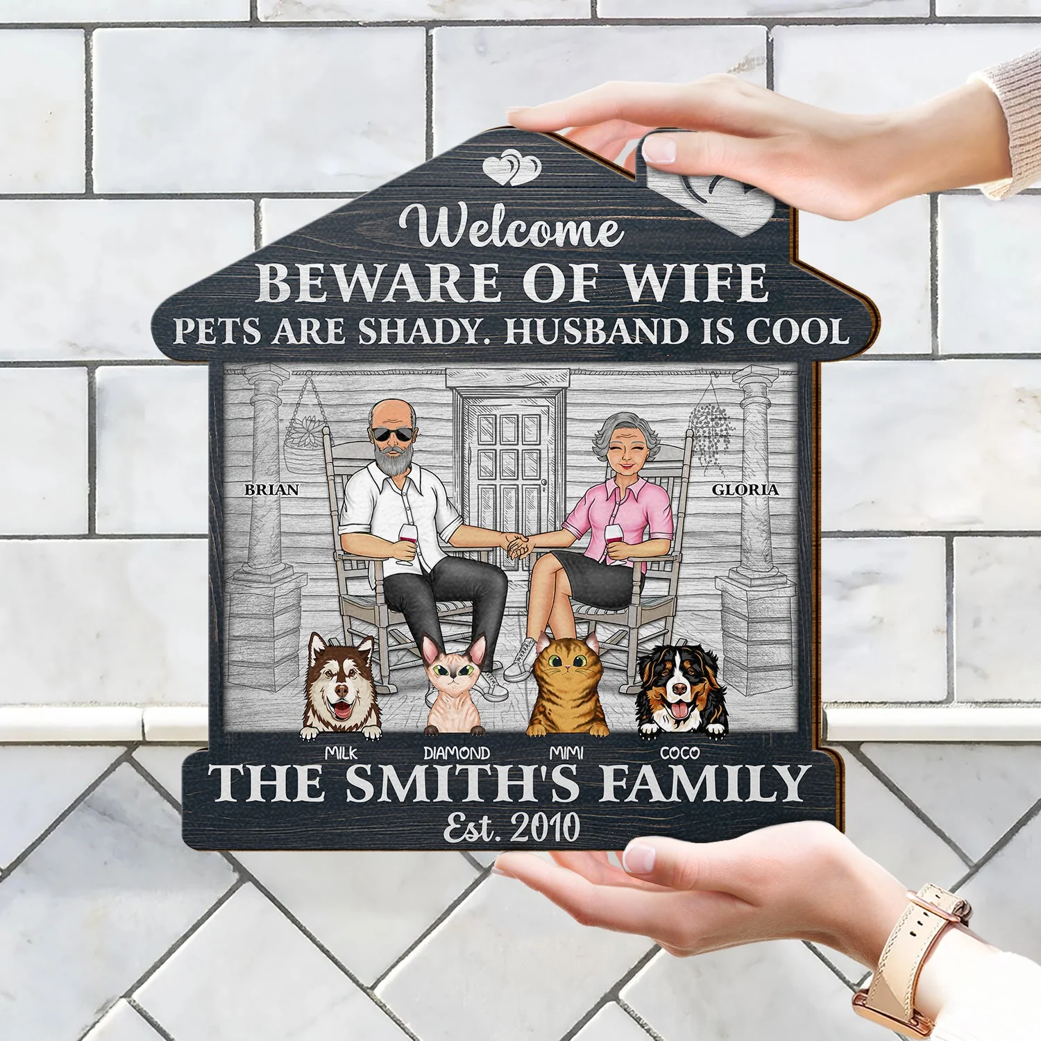 Family Couple Welcome Beware Of Wife Dogs Cats Are Shady Husband Is Cool - Gift For Pet Lovers - Personalized Custom Shaped Wood Sign - Image 4