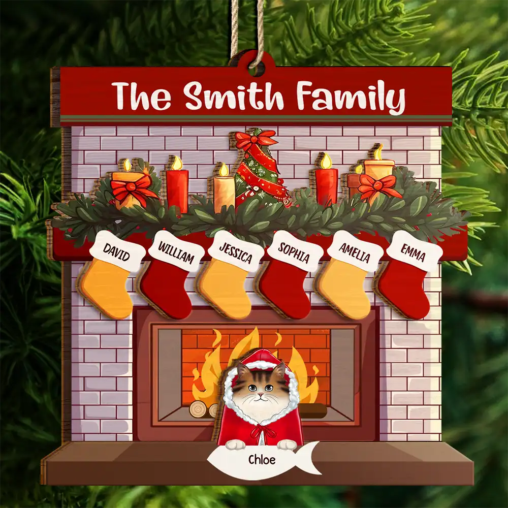 Family Fireplace Dog Cat Christmas - Personalized 2-Layered Wooden Ornament - Image 4