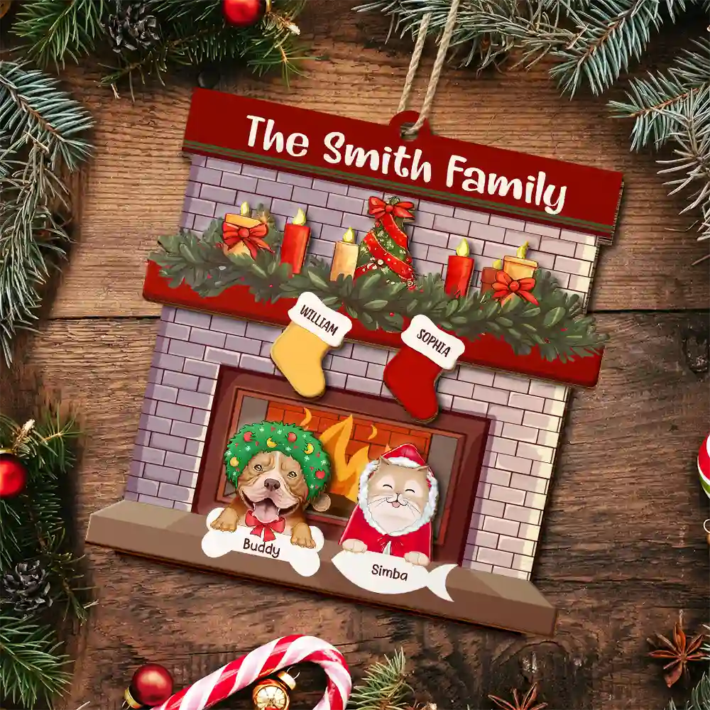 Family Fireplace Dog Cat Christmas - Personalized 2-Layered Wooden Ornament - Image 5
