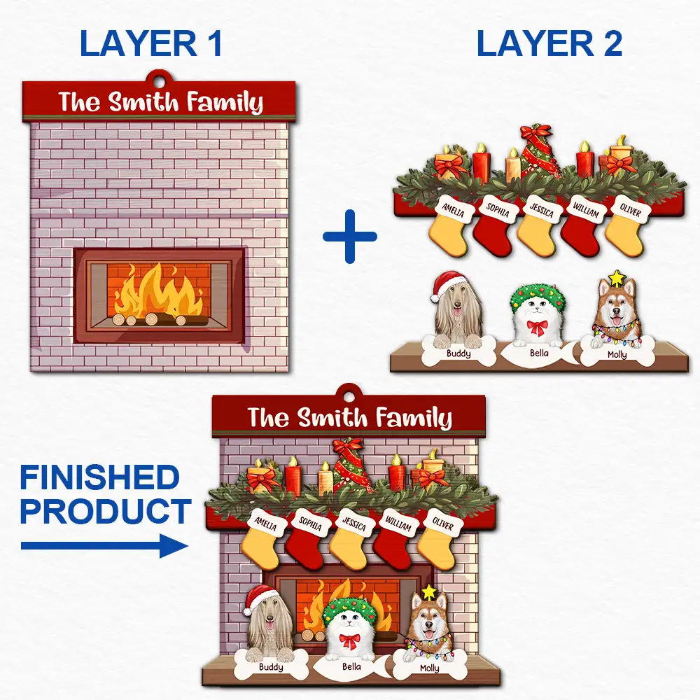 Family Fireplace Dog Cat Christmas - Personalized 2-Layered Wooden Ornament - Image 6