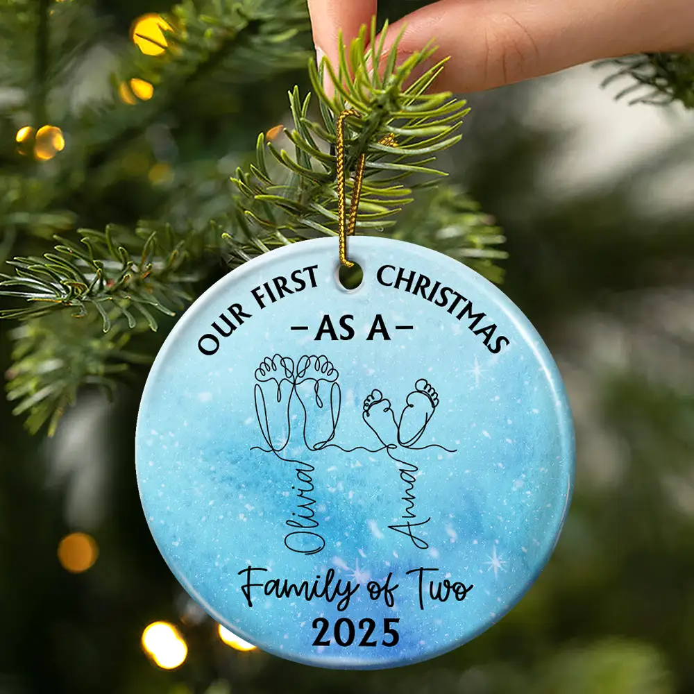 Family Footprint One Line Art First Christmas As A Family Of Three - Personalized Circle Ceramic Ornament - Image 3
