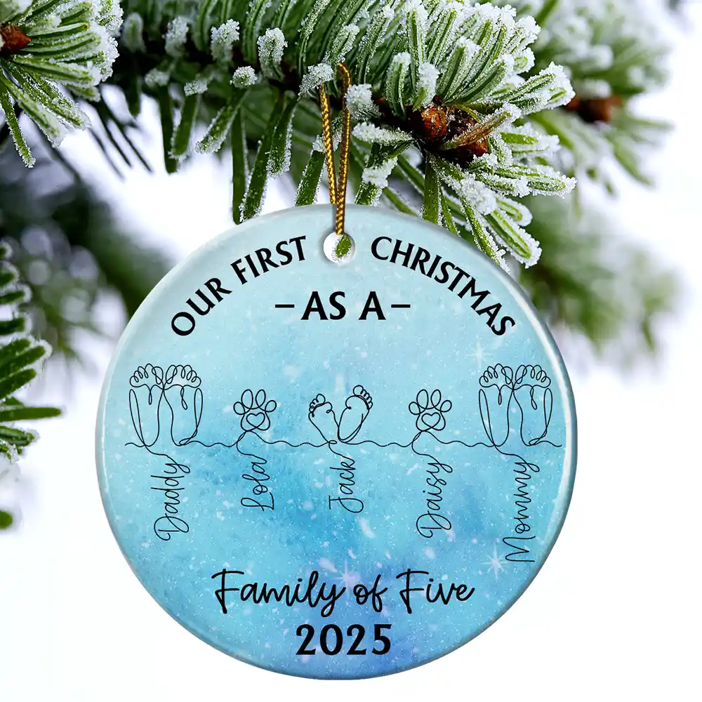 Family Footprint One Line Art First Christmas As A Family Of Three - Personalized Circle Ceramic Ornament - Image 4