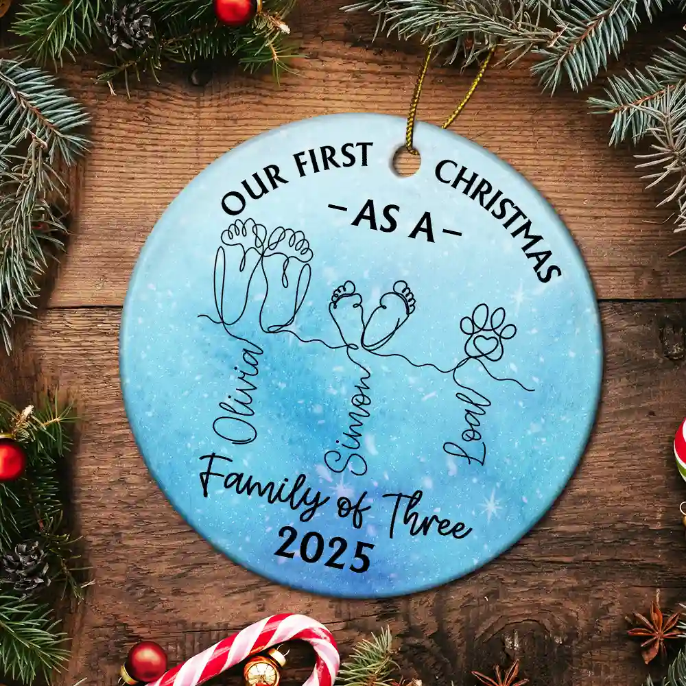 Family Footprint One Line Art First Christmas As A Family Of Three - Personalized Circle Ceramic Ornament - Image 5