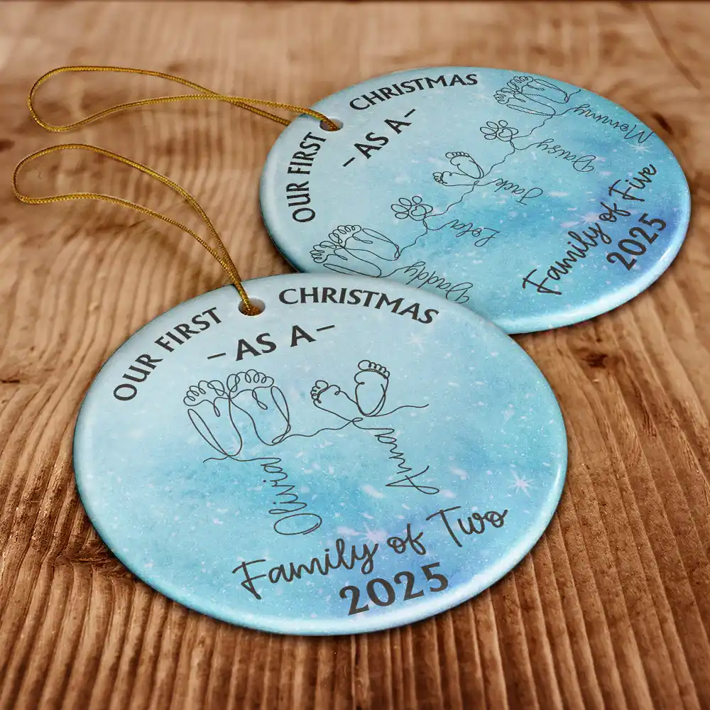 Family Footprint One Line Art First Christmas As A Family Of Three - Personalized Circle Ceramic Ornament - Image 6