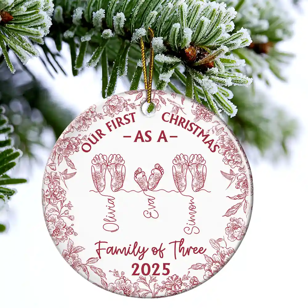 Family Footprint One Line Art First Christmas As A Family Of Three Toile Pattern - Personalized Circle Ceramic Ornament - Image 4