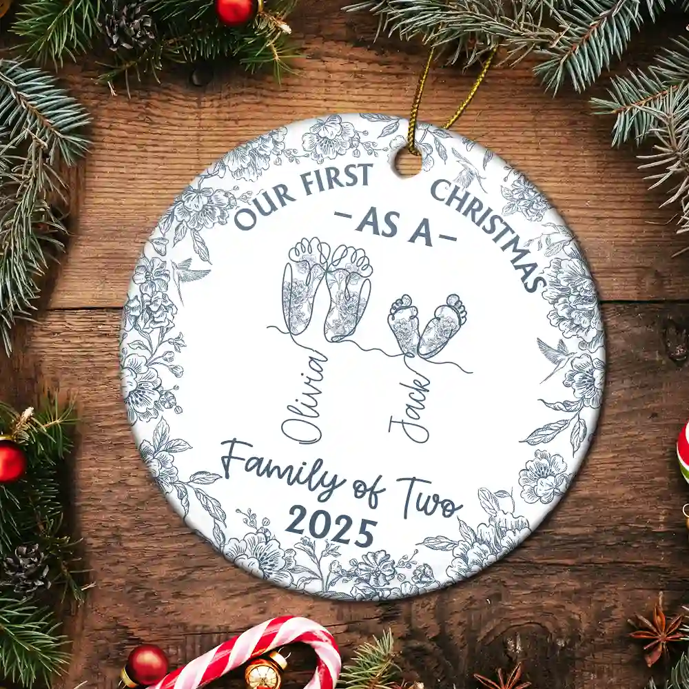 Family Footprint One Line Art First Christmas As A Family Of Three Toile Pattern - Personalized Circle Ceramic Ornament - Image 5