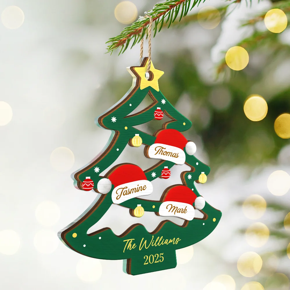 Family Friend Santa Hat Christmas Tree - Personalized 2-Layered Mix Ornament - Image 2