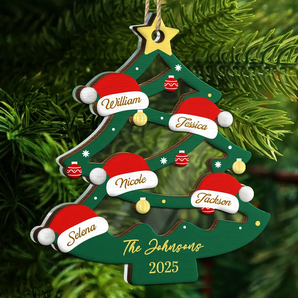 Family Friend Santa Hat Christmas Tree - Personalized 2-Layered Mix Ornament - Image 5