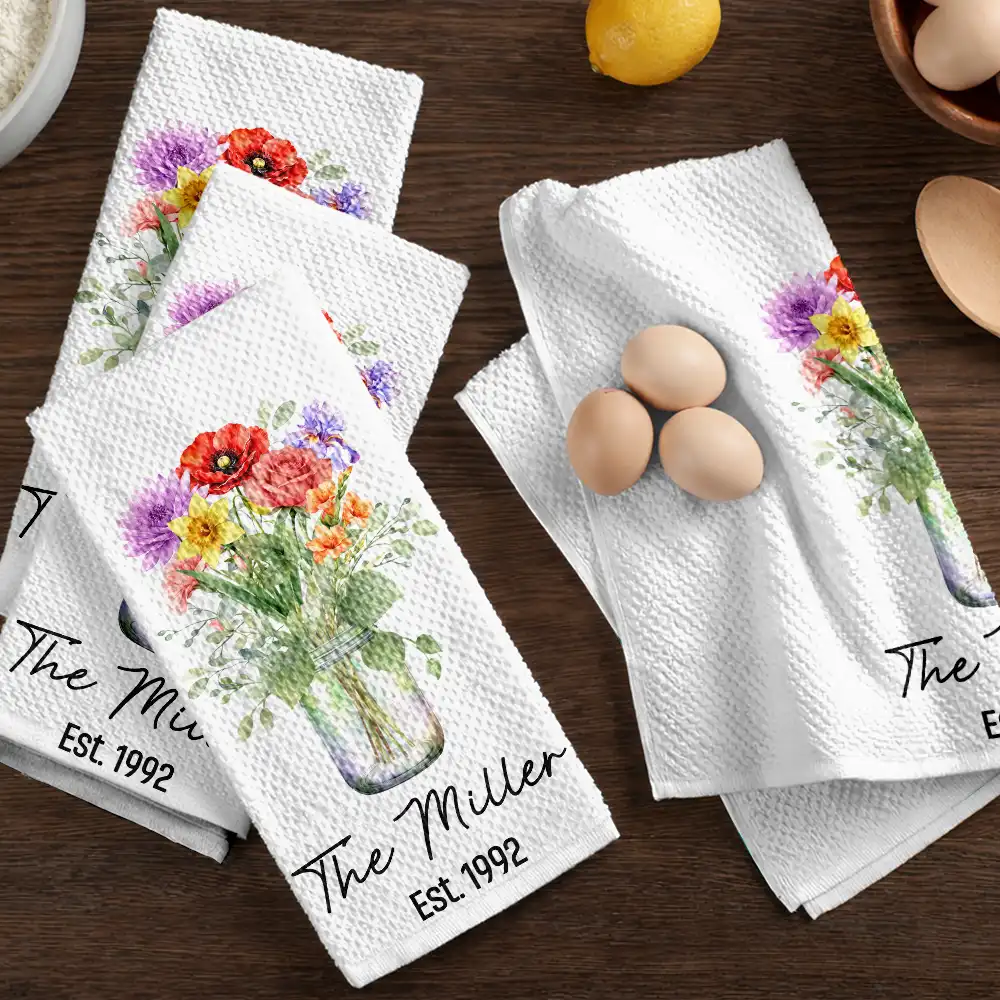 Family Grandma Mom Watercolor Birth Flower Jar - Personalized Kitchen Towel - Image 6