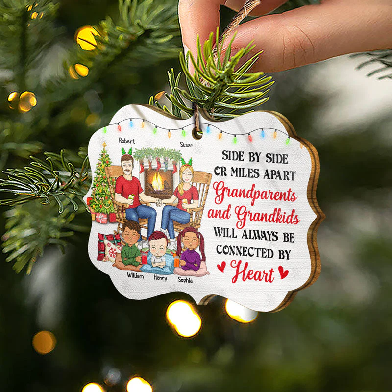 Family Grandparents & Grandkids Will Always Be Connected By Heart - Christmas Gift For Parents & Grandparents - Personalized Custom Wooden Ornament - Image 2