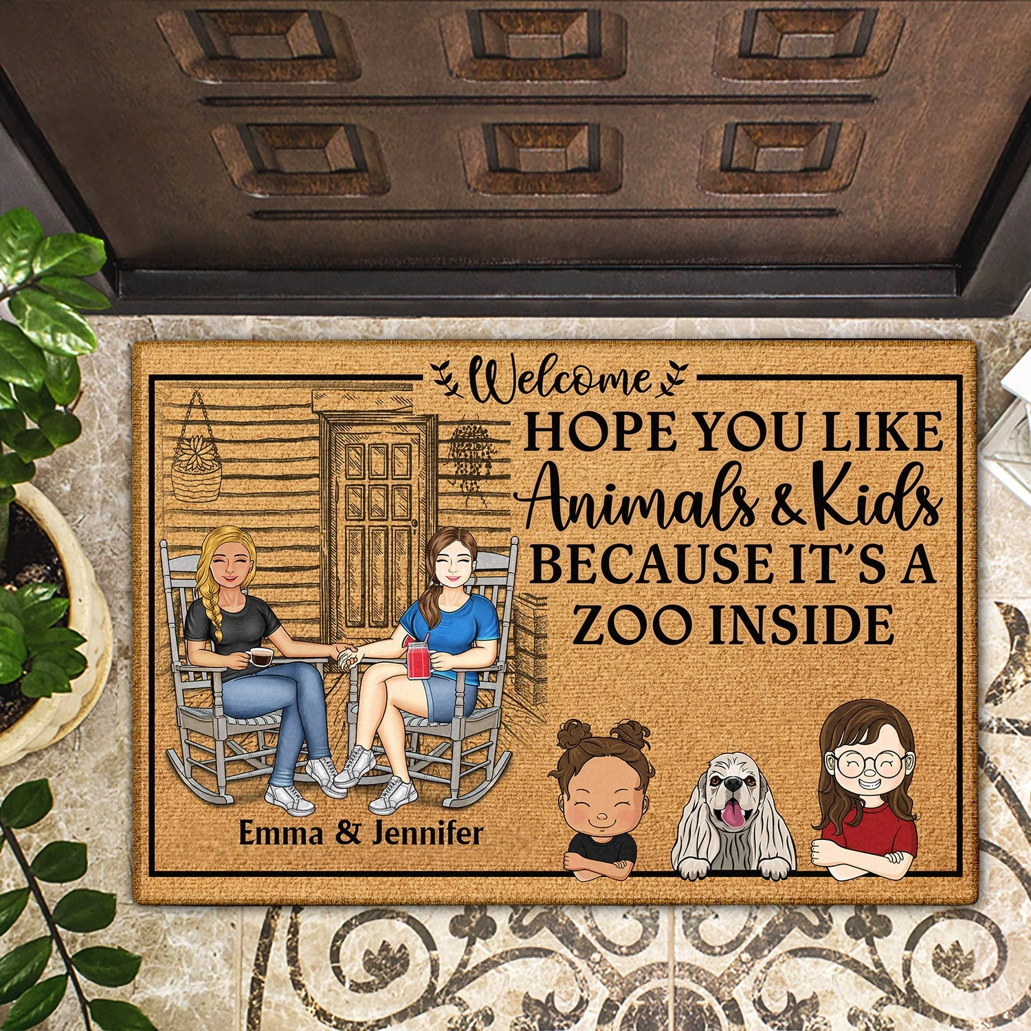 Family Hope You Like Animals And Kids - Anniversary, Birthday, Home Decor Gift For Husband, Wife, Boyfriend, Girlfriend, Pet Lovers - Personalized Custom Doormat - Image 2