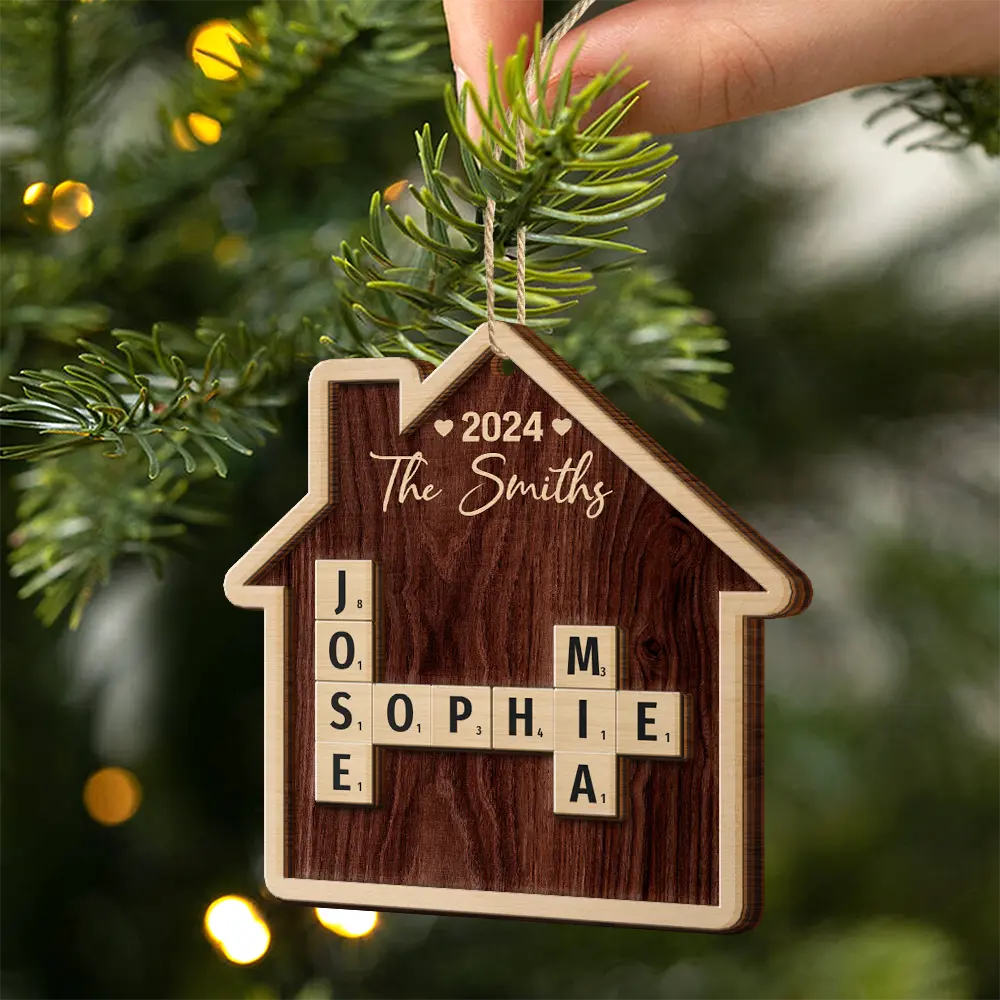 Family House Shape Crossword Scrabble - Personalized 2-Layered Wooden Ornament - Image 3