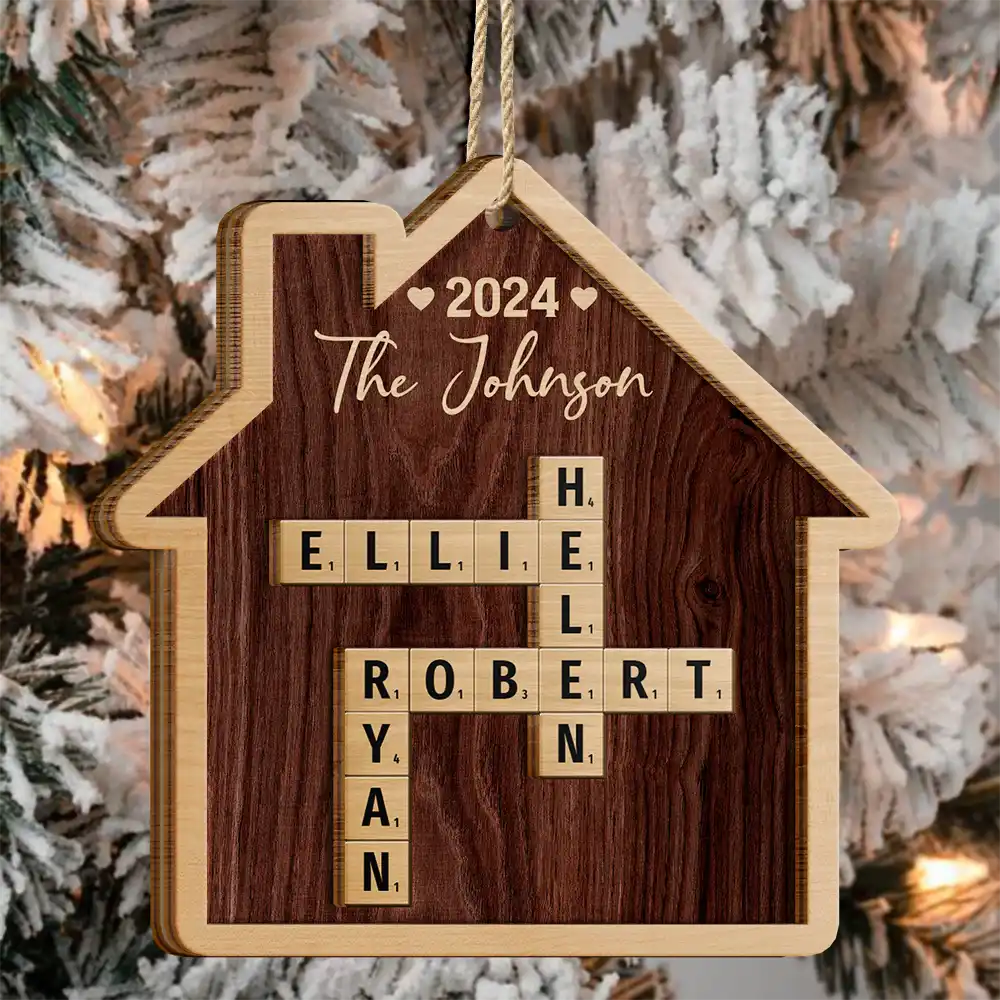 Family House Shape Crossword Scrabble - Personalized 2-Layered Wooden Ornament - Image 4