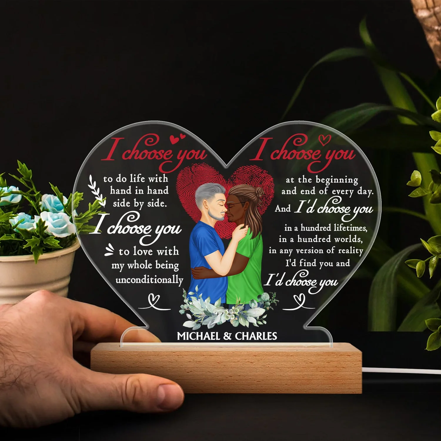 Family Husband And Wife I Choose You - Gift For Couples - Personalized Custom 3D Led Light Wooden Base - Image 4