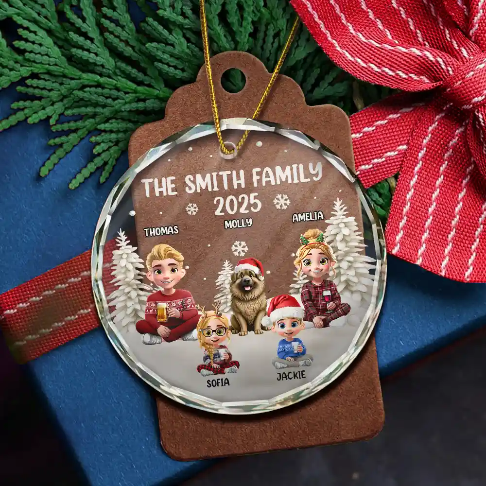Family Kid Cat Dog - Personalized Circle Glass Ornament - Image 5