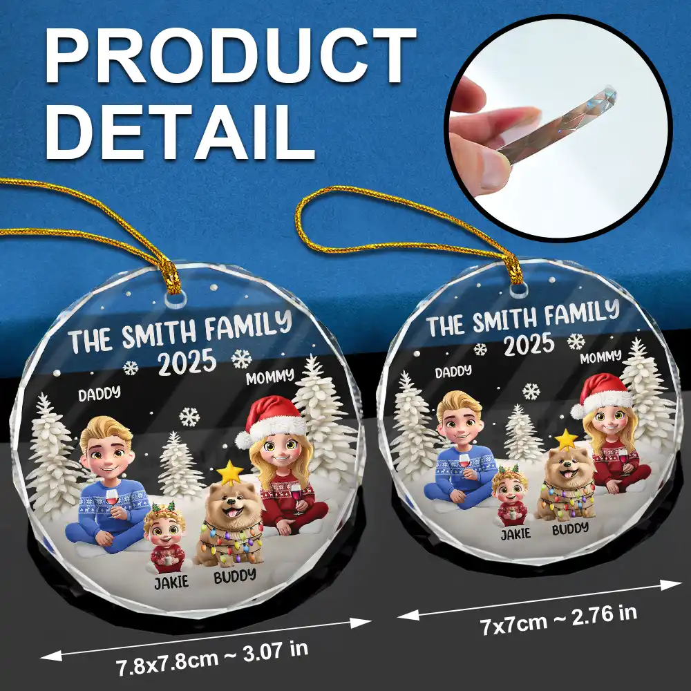 Family Kid Cat Dog - Personalized Circle Glass Ornament - Image 6