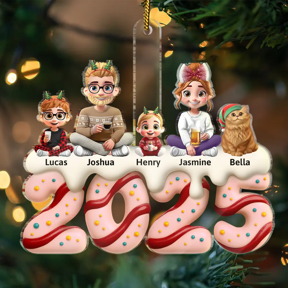 Family Kid Dog Cat Christmas Tree Cake - Personalized Custom Shaped Acrylic Ornament - Image 3