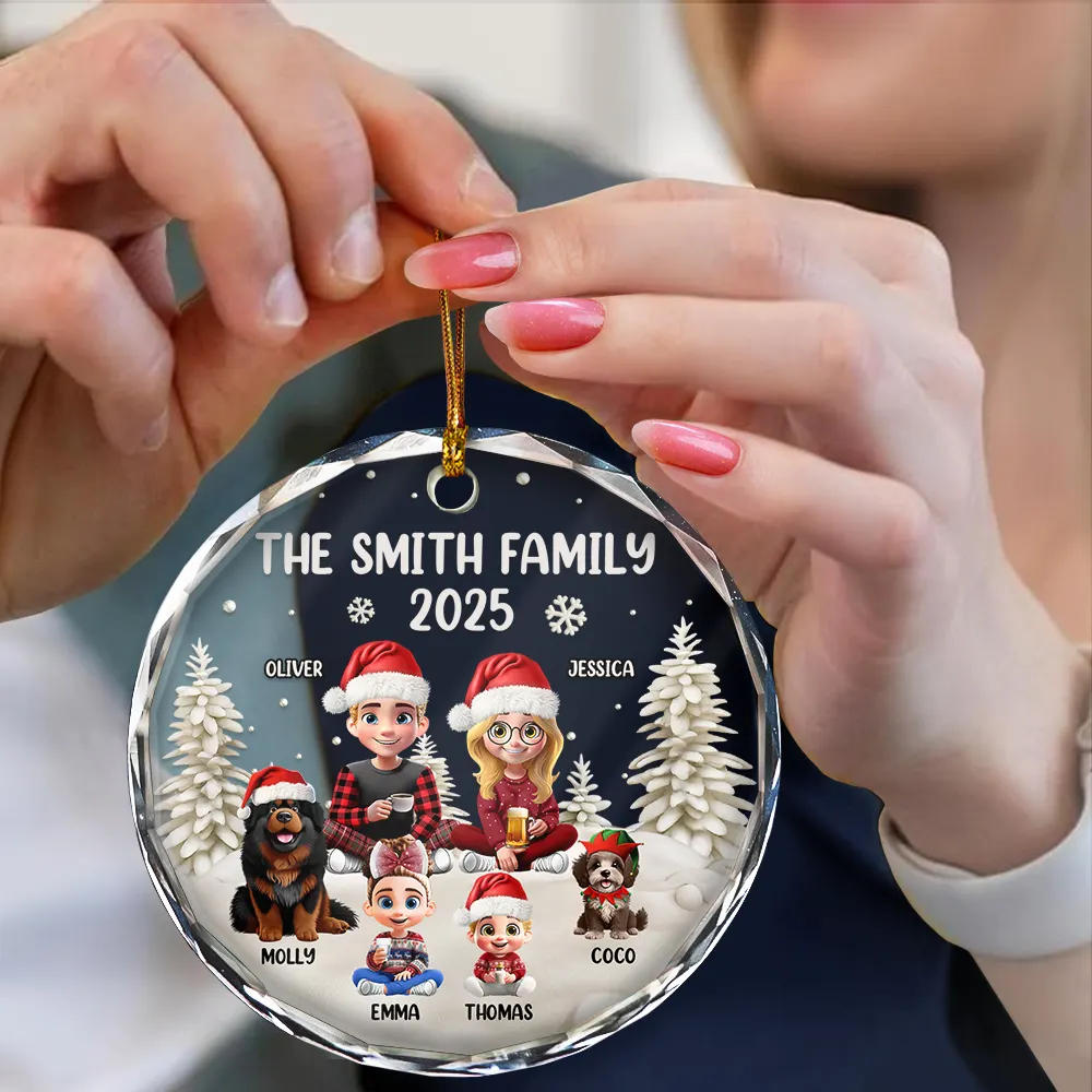 Family Kid Dog Cat - Personalized Circle Glass Ornament - Image 4