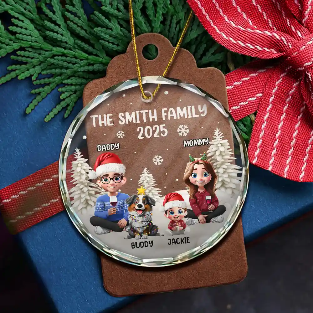 Family Kid Dog Cat - Personalized Circle Glass Ornament - Image 5