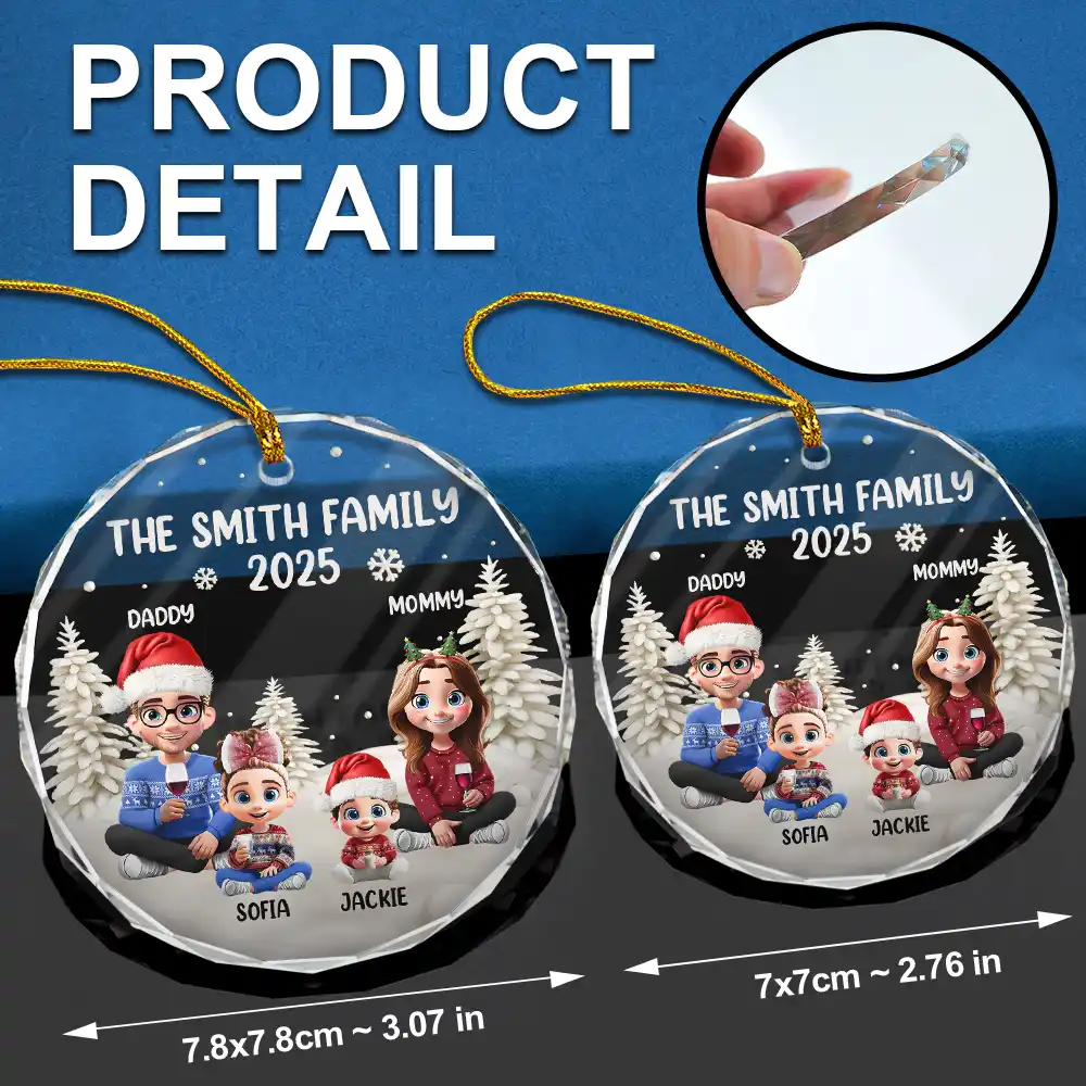 Family Kid Dog Cat - Personalized Circle Glass Ornament - Image 6