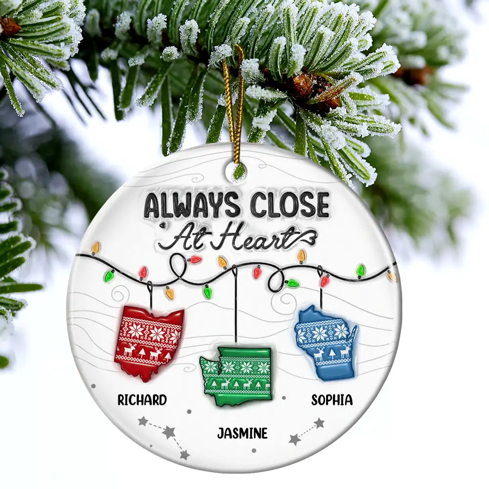 Family Love Knows No Distance - 3D Inflated Effect Printed Ornament, Personalized Circle Ceramic Ornament - Image 4