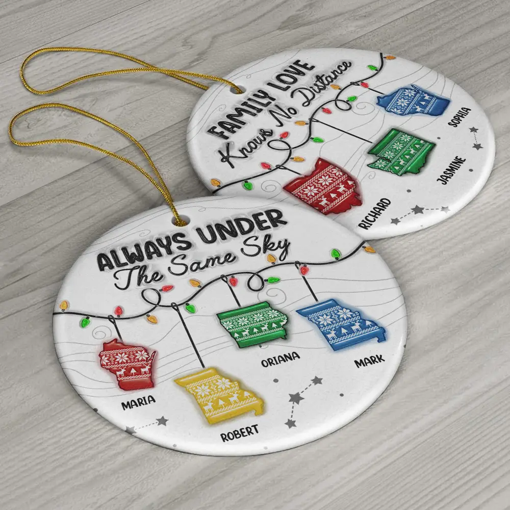 Family Love Knows No Distance - 3D Inflated Effect Printed Ornament, Personalized Circle Ceramic Ornament - Image 6
