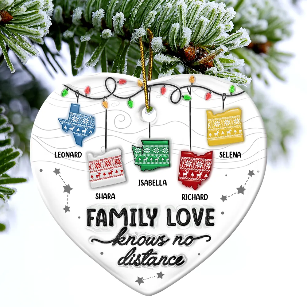 Family Love Knows No Distance - 3D Inflated Effect Printed Ornament, Personalized Heart Ceramic Ornament - Image 4