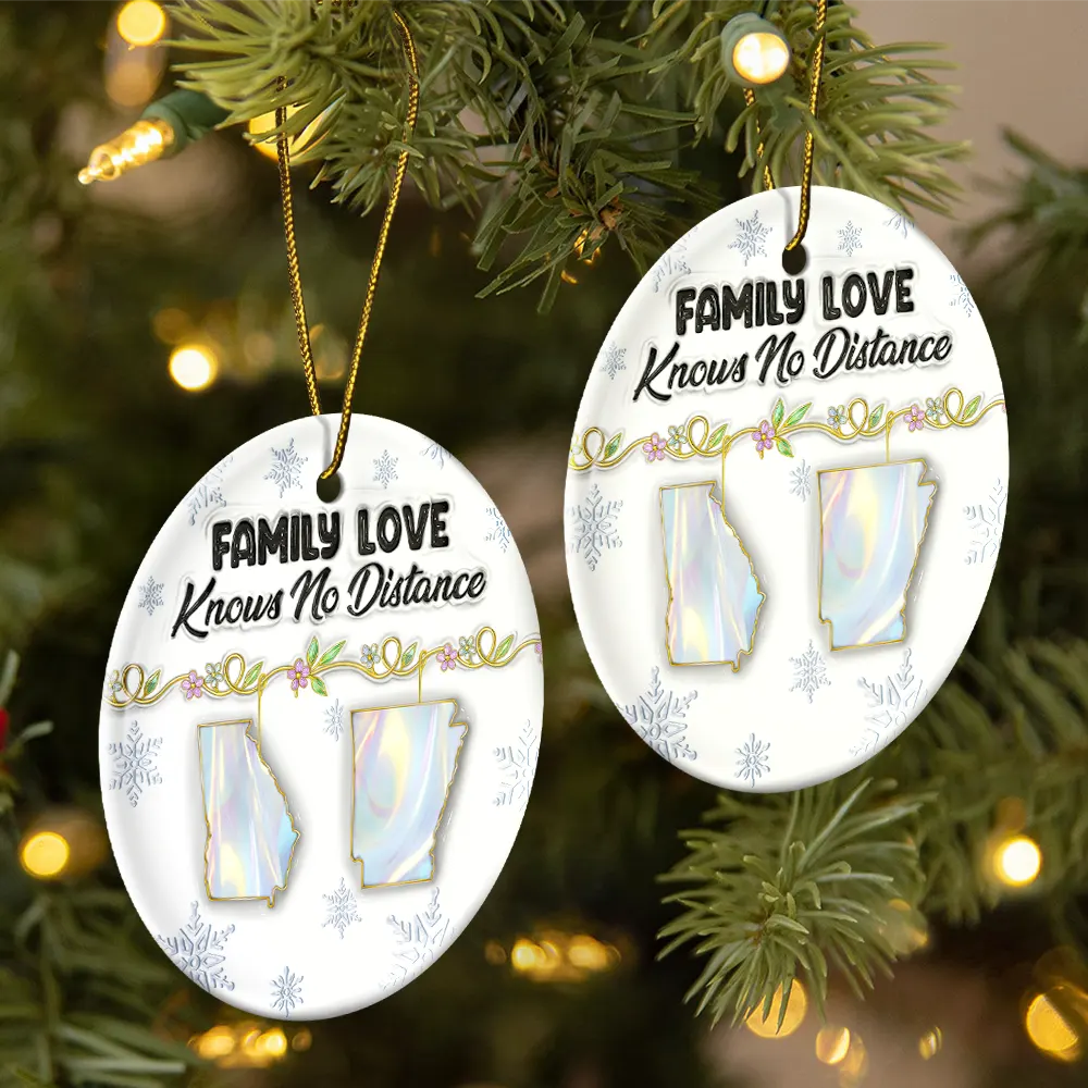 Family Love Knows No Distance Nacre Effect - 3D Inflated Effect Printed Ornament , Personalized Circle Ceramic Ornament - Image 2