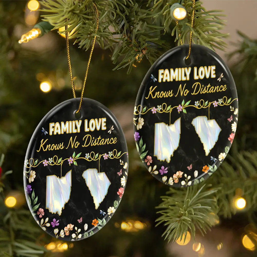 Family Love Knows No Distance Nacre Effect - 3D Inflated Effect Printed Ornament, Personalized Circle Ceramic Ornament - Image 2