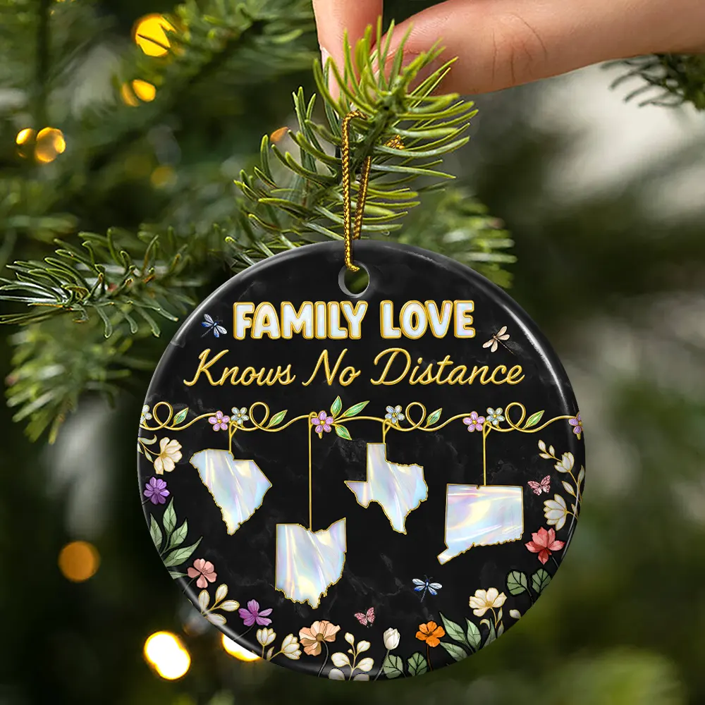 Family Love Knows No Distance Nacre Effect - 3D Inflated Effect Printed Ornament, Personalized Circle Ceramic Ornament - Image 3