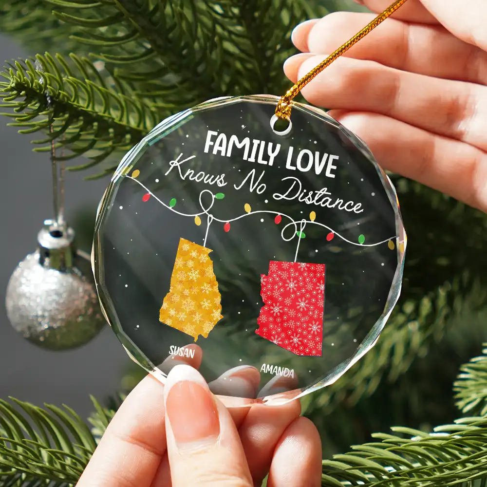 Family Love Knows No Distance - Personalized Circle Glass Ornament - Image 2