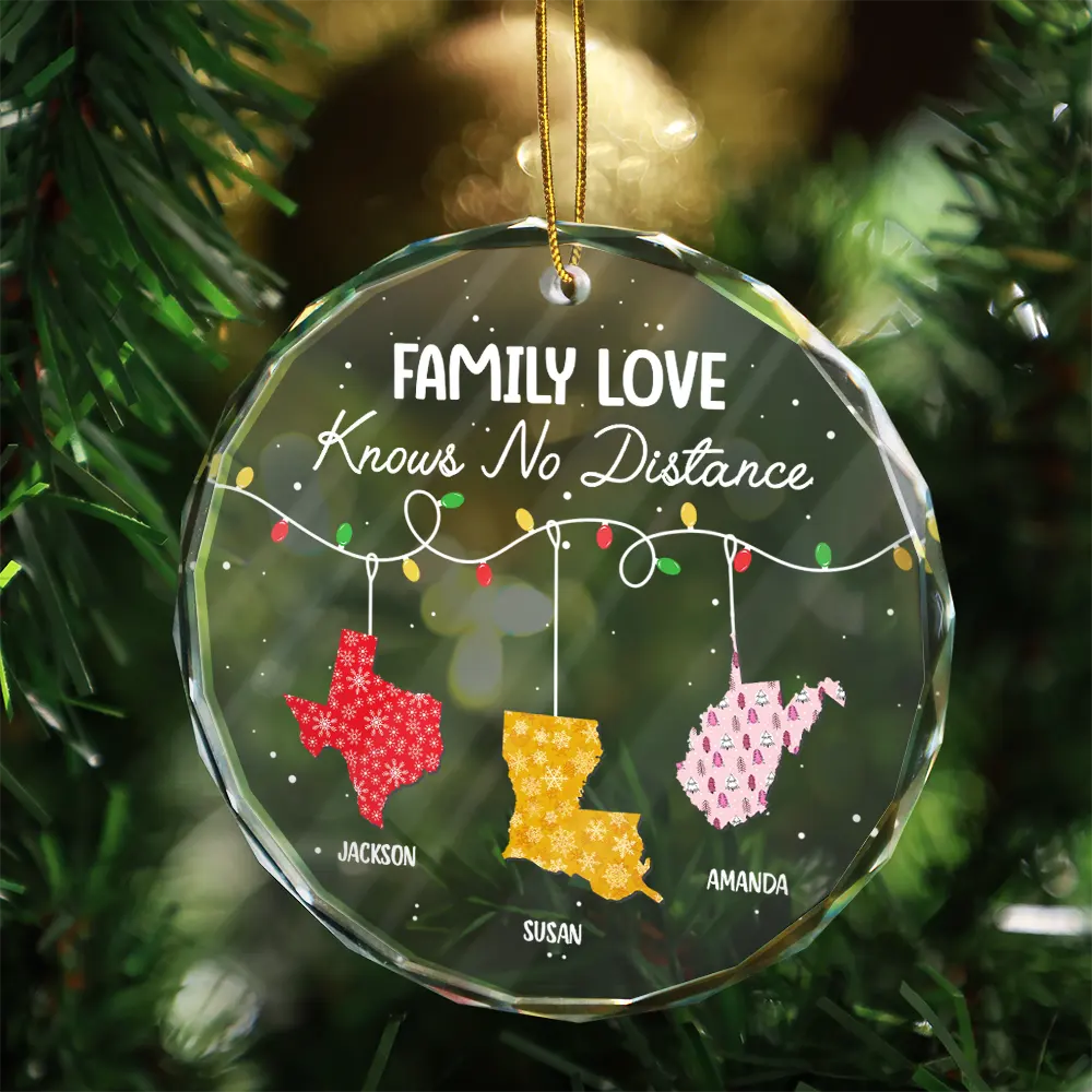 Family Love Knows No Distance - Personalized Circle Glass Ornament - Image 3