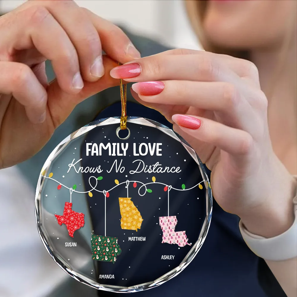 Family Love Knows No Distance - Personalized Circle Glass Ornament - Image 4