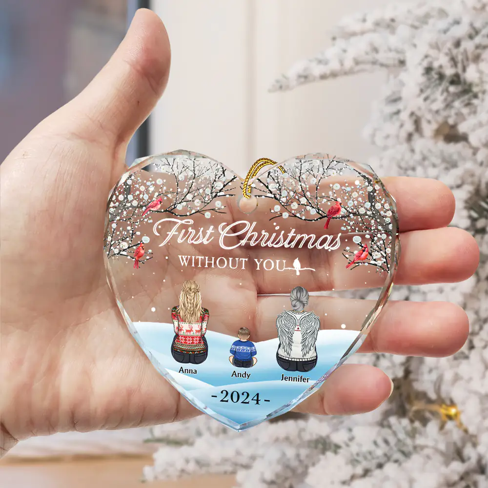 Family Memorial First Christmas Without You - Personalized Heart Shaped Glass Ornament - Image 3