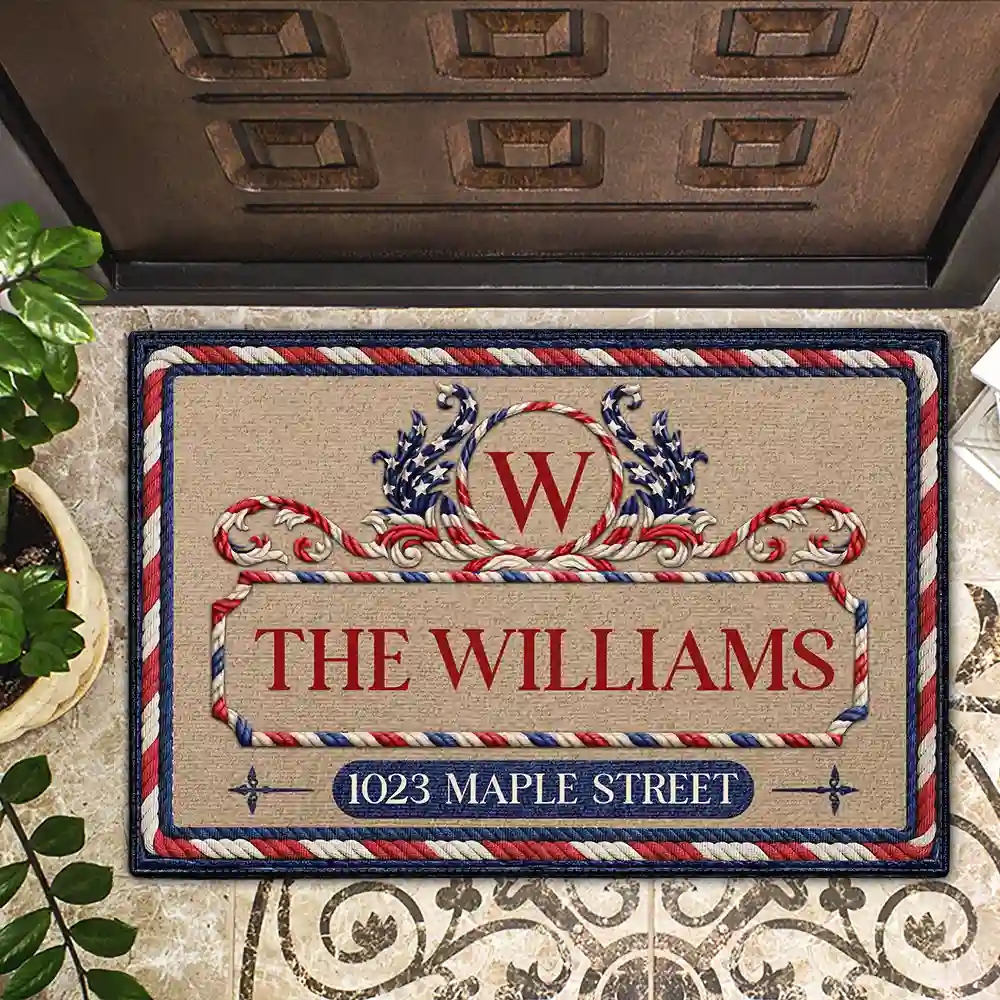 Family Monogram With Address Stars & Stripes - Personalized Doormat - Image 2