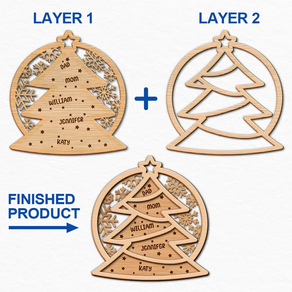 Family Names Christmas Tree - Personalized 2-Layered Wooden Ornament - Image 6