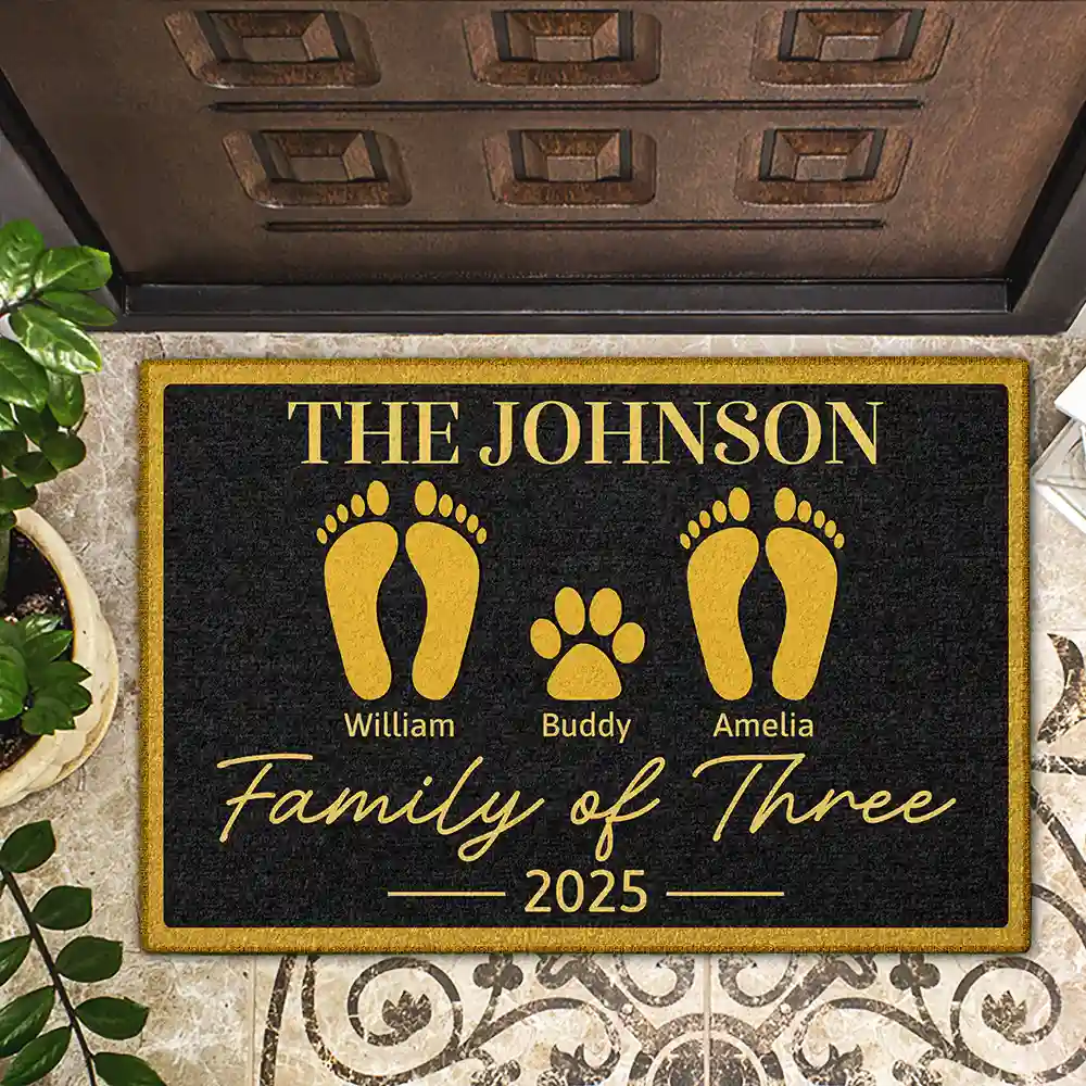 Family Of Four Footprints Kids And Pets Custom Names - Personalized Doormat - Image 2