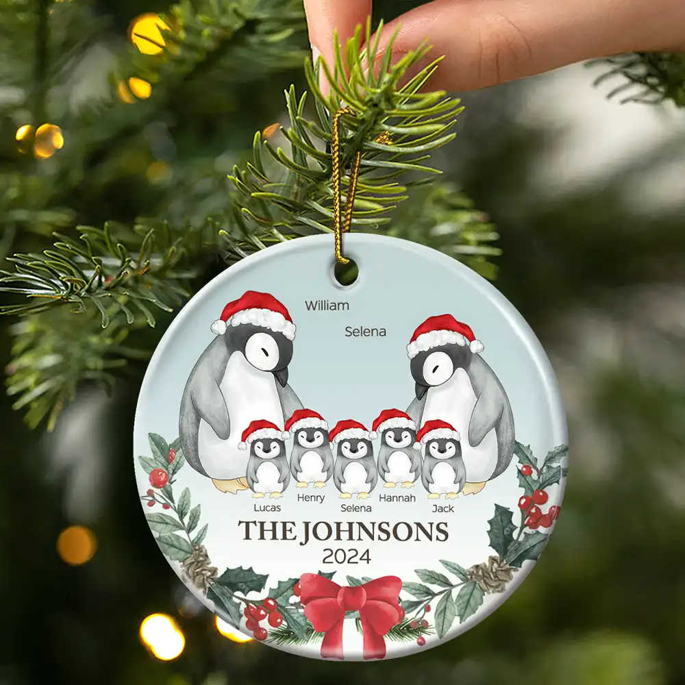 Family Penguin Christmas - Personalized Circle Ceramic Ornament - Image 3