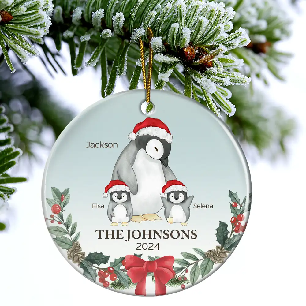 Family Penguin Christmas - Personalized Circle Ceramic Ornament - Image 4