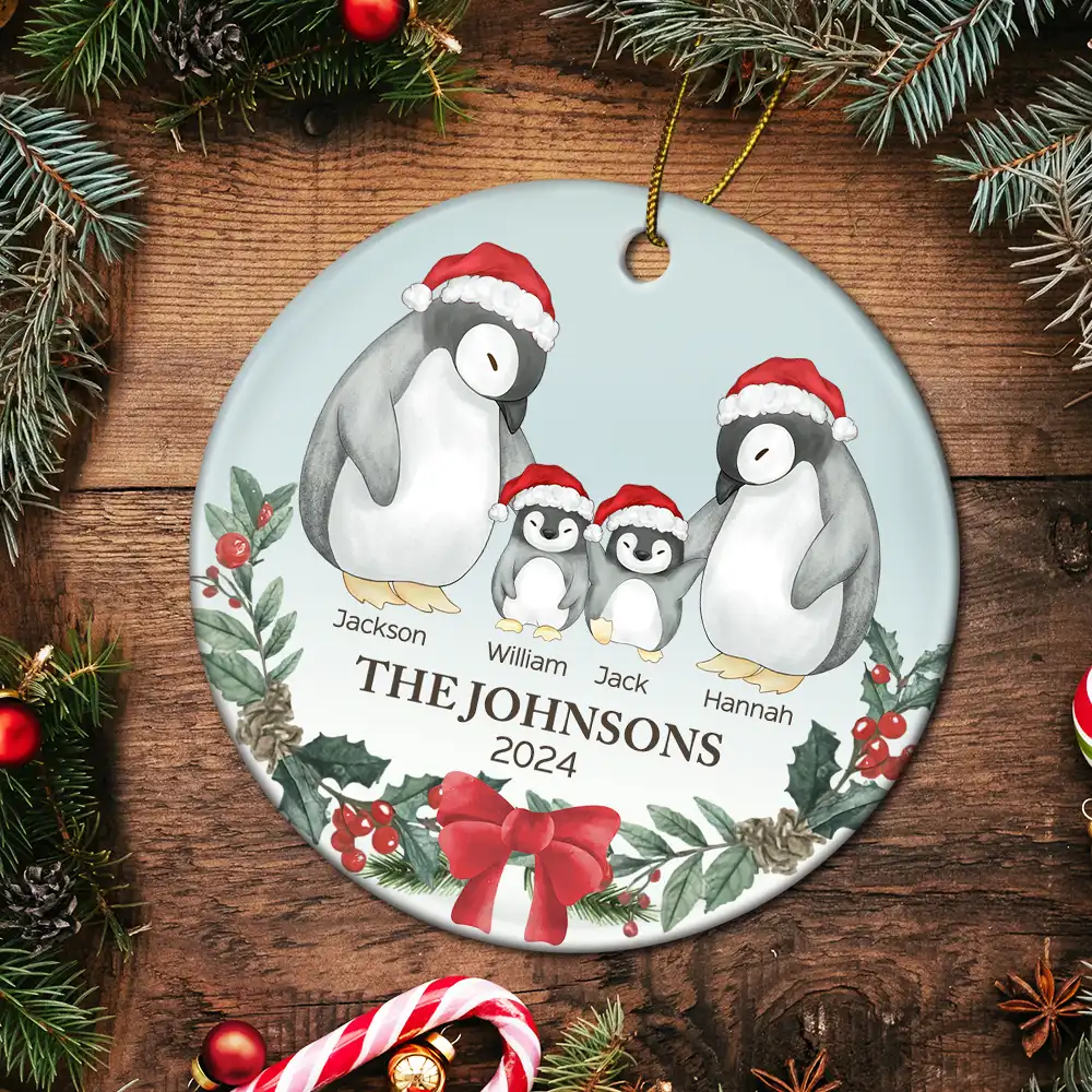 Family Penguin Christmas - Personalized Circle Ceramic Ornament - Image 5
