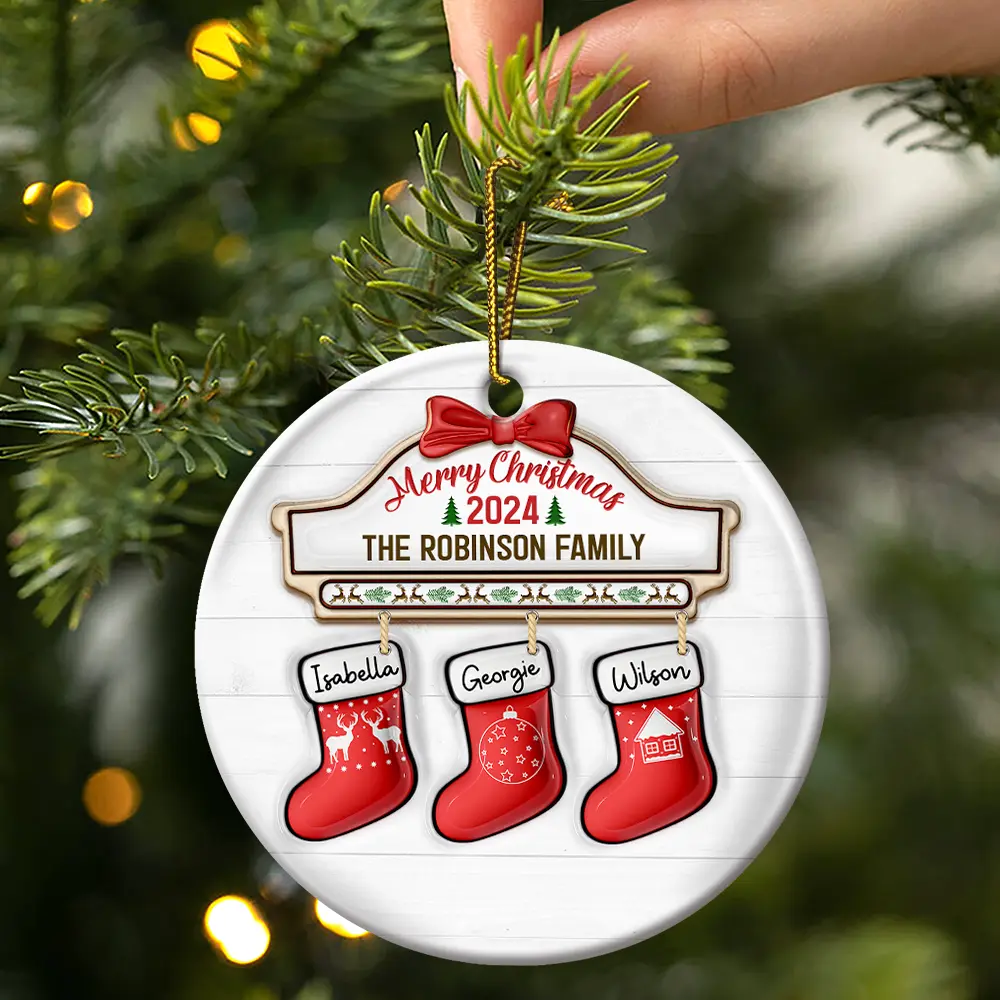 Family Red Sock Stocking Merry Christmas 2024 - 3D Inflated Effect Printed Personalized Circle Ceramic Ornament - Image 3