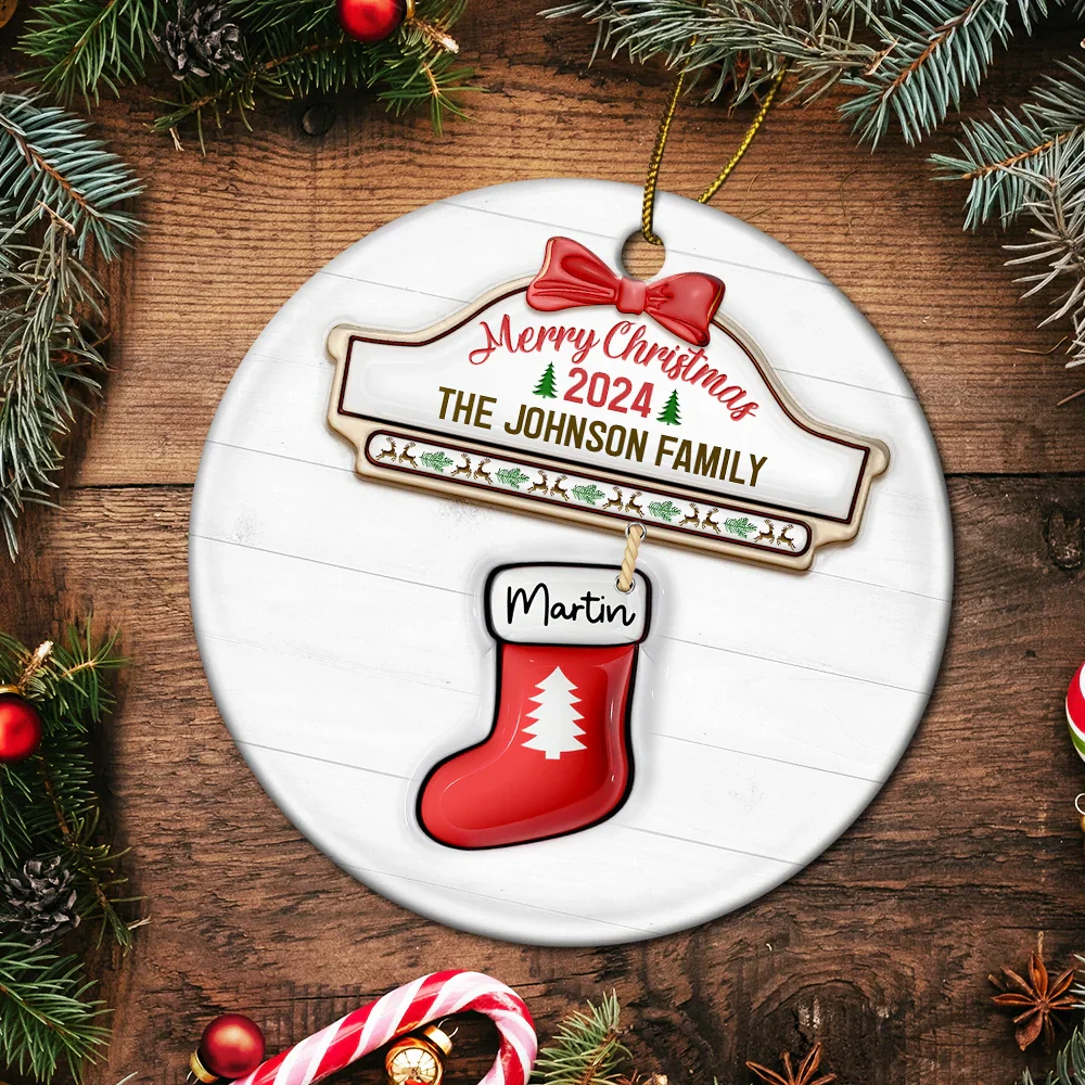 Family Red Sock Stocking Merry Christmas 2024 - 3D Inflated Effect Printed Personalized Circle Ceramic Ornament - Image 5