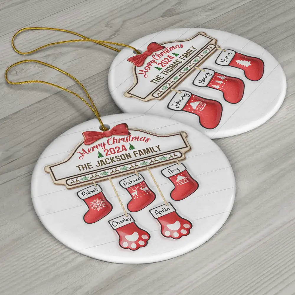Family Red Sock Stocking Merry Christmas 2024 - 3D Inflated Effect Printed Personalized Circle Ceramic Ornament - Image 6