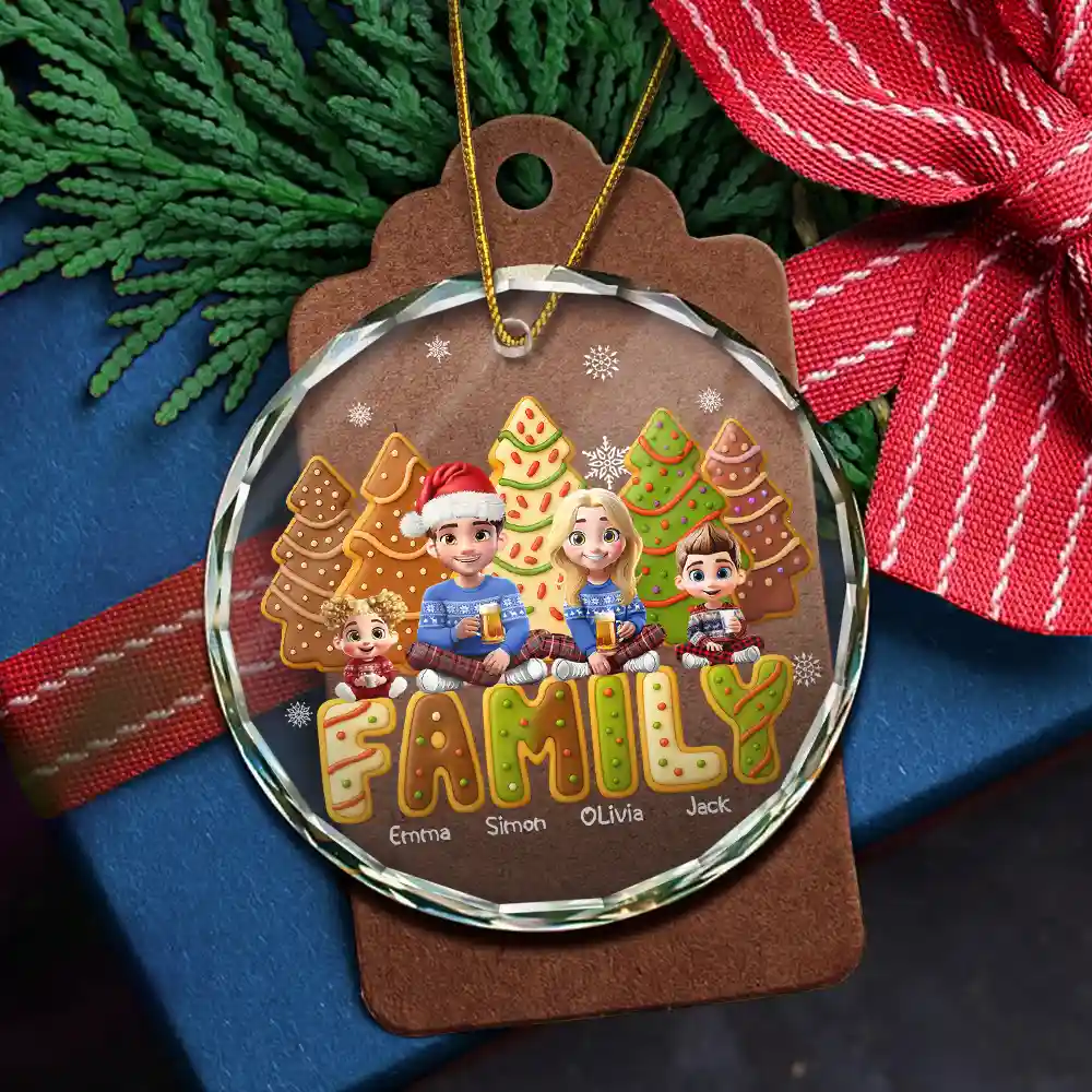 Family Sitting Cake Cookie Tree - Personalized Circle Glass Ornament - Image 5