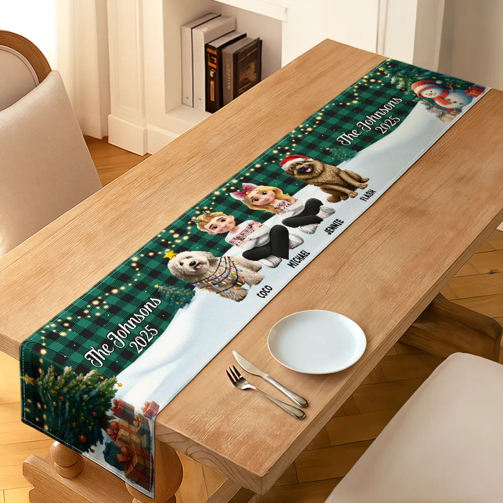 Family Sitting Christmas Plaid Pattern - Personalized Table Runner - Image 2