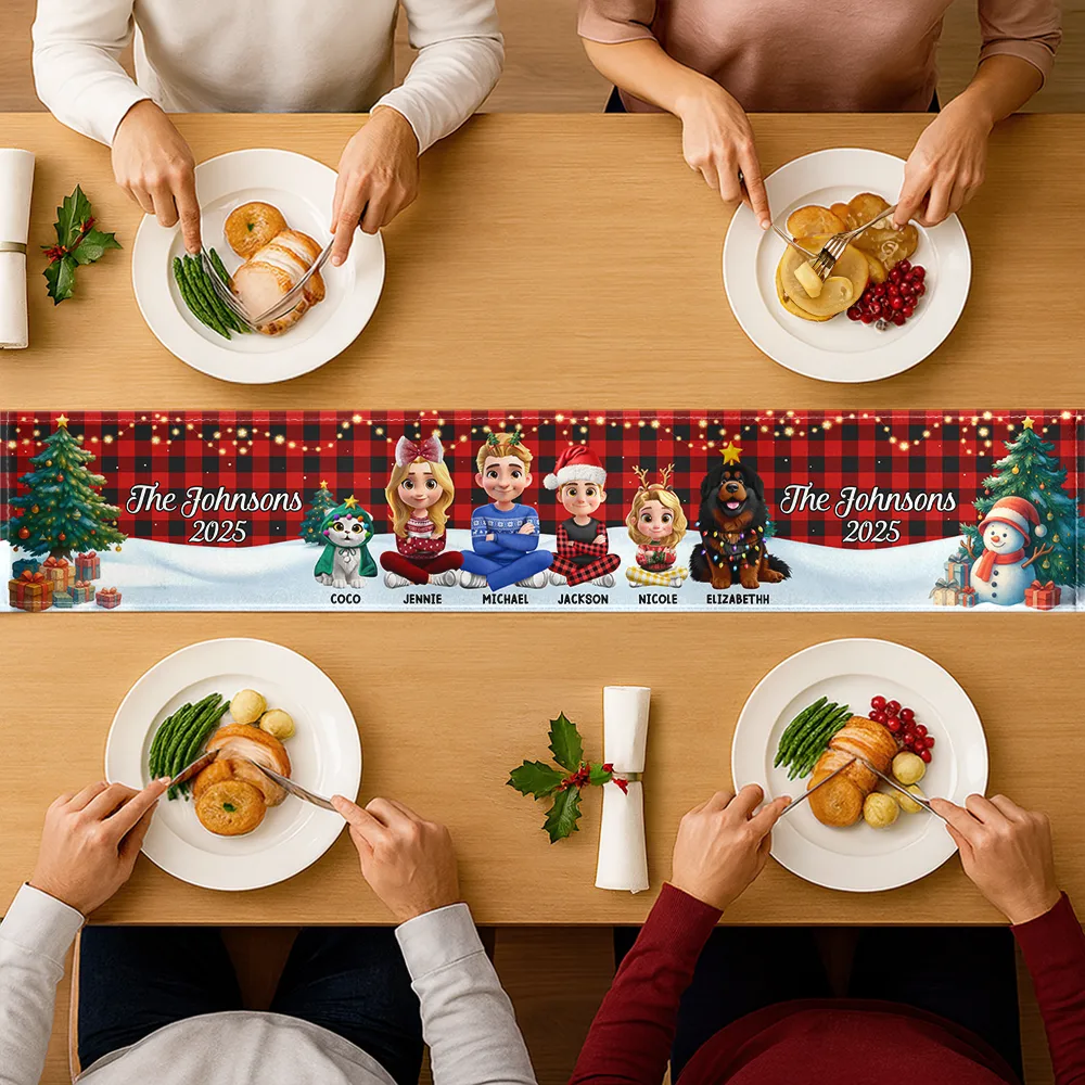 Family Sitting Christmas Plaid Pattern - Personalized Table Runner - Image 3