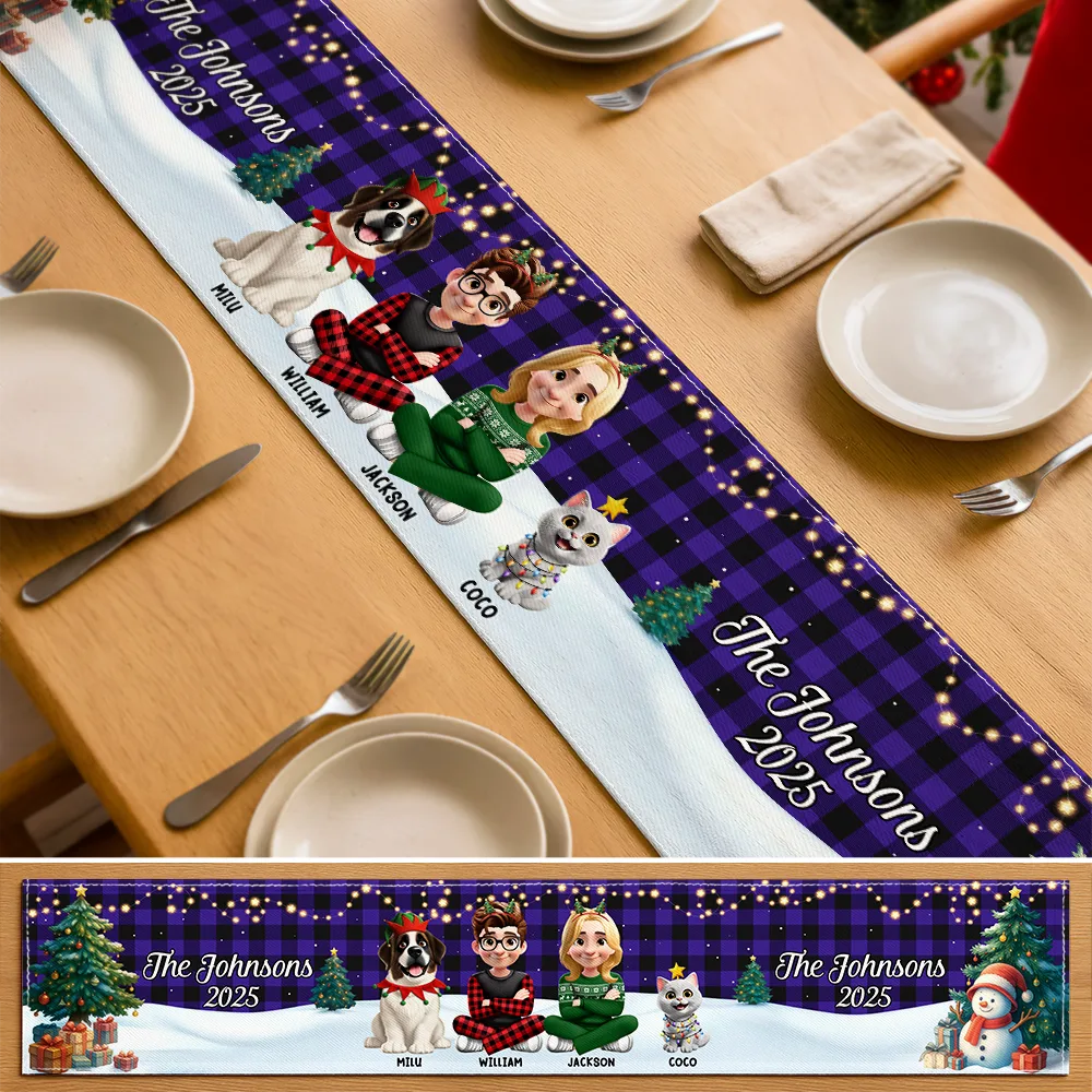 Family Sitting Christmas Plaid Pattern - Personalized Table Runner - Image 4