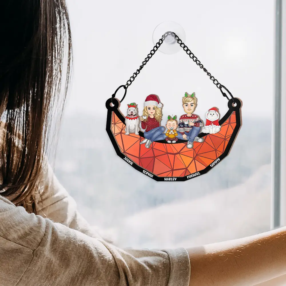 Family Sitting On The Moon - Personalized Window Hanging Suncatcher Ornament - Image 4
