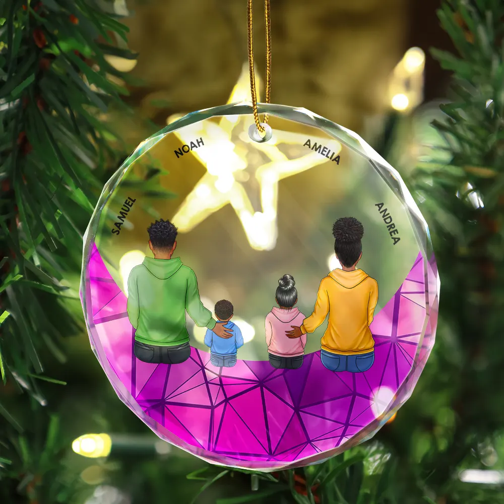 Family Sitting On The Moon - Stained Effect Printed, Personalized Circle Glass Ornament - Image 3